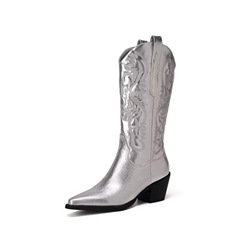 CIERWS Damen Bestickte Western Cowgirl Stiefel Cowboy Boots Mid Calf Boots Metall PU Medium Heel Fashion Retro Klassische Mittelstiefel, silber, 37 EU von CIERWS