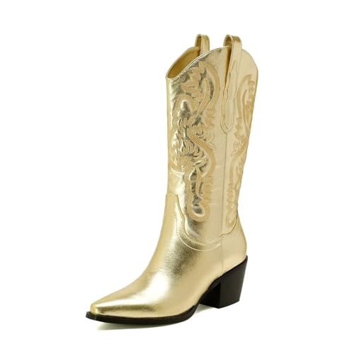 CIERWS Damen Bestickte Western Cowgirl Stiefel Cowboystiefel Mid Calf Stiefel Metall PU Mittlerer Absatz Mode Retro Klassische Mittelstiefel, Gold, 44 EU von CIERWS