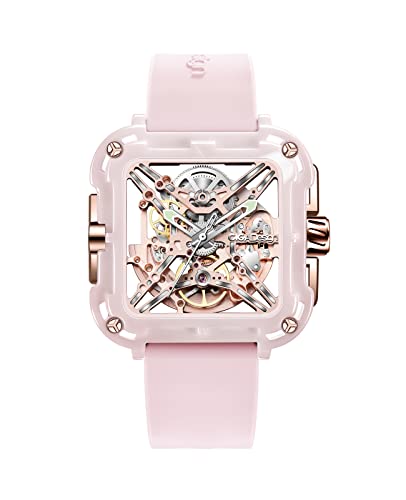 CIGA Design Automatik Uhr Damen - X Serie Machina SUV Armbanduhr aus Keramik Modestil Quadratisch Mechanische Skelettuhr Saphirglas mit Geschenkkarton und Silikonarmband(Rosa) von CIGA Design