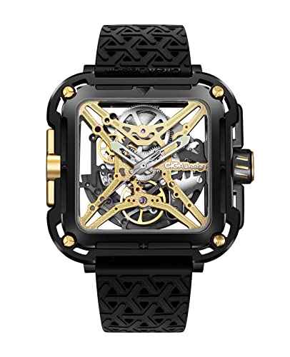 CIGA Design Automatik Uhr Herren - X Serie SUV Armbanduhr Titan Quadratisch Mechanische Skelettuhr Saphirglas mit Nylon- und Silikonarmband(Gold) von CIGA Design