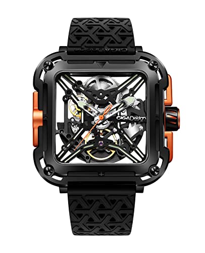 CIGA Design Automatik Uhr Herren - X Serie SUV Armbanduhr Quadratisch Mechanische Skelettuhr Saphirglas mit Geschenkkarton (Schwarz & Orange) von CIGA Design