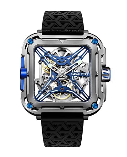 CIGA Design Automatik Uhr Herren - X Serie SUV Armbanduhr Quadratisch Mechanische Skelettuhr Saphirglas mit Nylon- und Silikonarmband (Titan-Blau) von CIGA Design