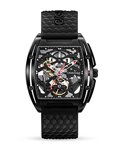 CIGA Design Automatik Uhr Herren - Z Serie DLC Armbanduhr Tonneau Mechanische Skelettuhr Edelstahl Saphirglas mit Leder- und Silikonarmband von CIGA Design