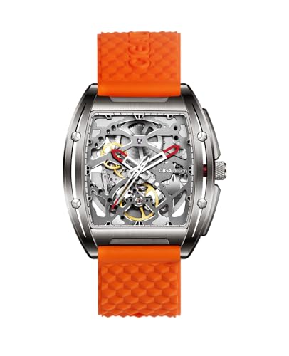 CIGA Design Automatik Uhr Herren - Z Serie Titan Armbanduhr Tonneau Mechanische Skelettuhr Edelstahl Saphirglas mit Leder- und Silikonarmband(Orange) von CIGA Design