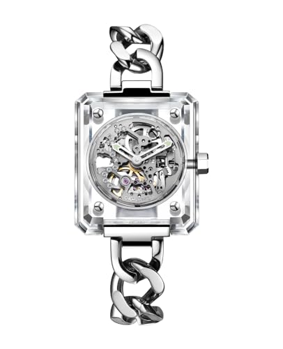 CIGA Design Damen Automatikuhr R Series Crystal Love Transparentes K9 Kristallglas Skelett Design Art Déco mechanische Uhr Geschenk für Frauen mit DREI Wechselarmbändern von CIGA Design