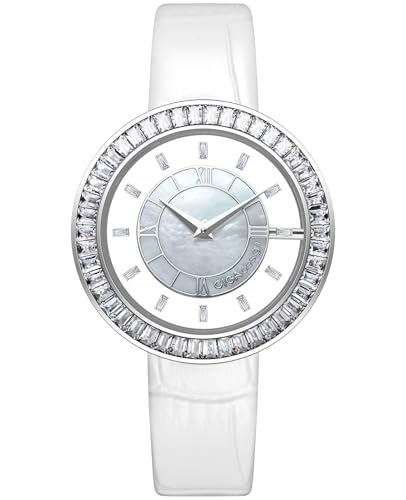 CIGA Design Damenuhr Quarzuhr – Sparkle Kollektion Rundes Gehäuse mit Zirkonia-Lünette Perlmutt-Zifferblatt Roségold/Silber mit Cuban-Armband oder Lederarmband (Sparkle Silber Lederarmband) von CIGA Design