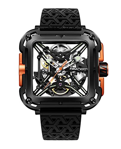 CIGA Design Automatik Uhr Herren - X Serie SUV Armbanduhr Quadratisch Mechanische Skelettuhr Edelstahl Saphirglas mit Nylon- und Silikonarmband, Schwarz & Orange von CIGA Design