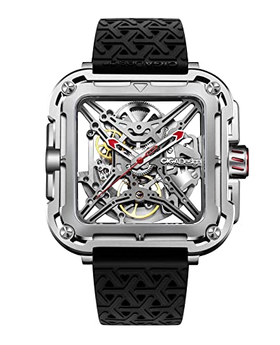 CIGA Design Automatik Uhr Herren - X Serie SUV Armbanduhr Quadratisch Mechanische Skelettuhr Edelstahl Saphirglas mit Nylon- und Silikonarmband, Weltraum Silber von CIGA Design