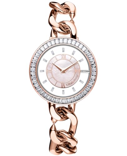 CIGA Design Damenuhr Quarzuhr – Sparkle Kollektion Rundes Gehäuse mit Zirkonia-Lünette Perlmutt-Zifferblatt Roségold/Silber mit Cuban-Armband oder Lederarmband (Sparkle Roségold Stahlarmband) von CIGA Design