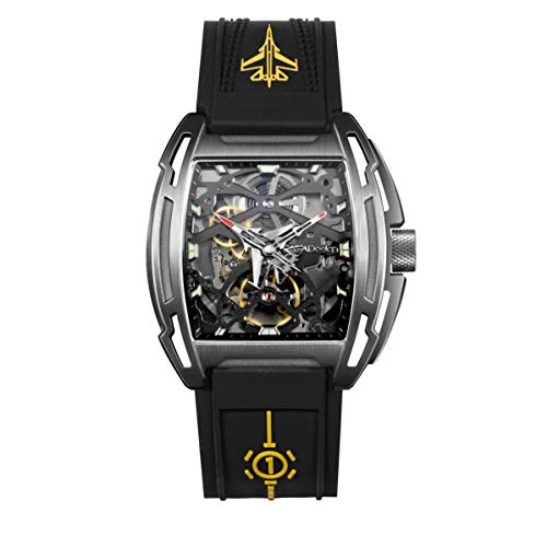 CIGA Design Aircraft Carrier Herren-Armbanduhr, automatische mechanische Armbanduhr, militärisches Titangrau, leuchtendes Skelett, schwarzes verstellbares Silikonband, Uhr mit Saphirglas für Herren, von CIGA Design