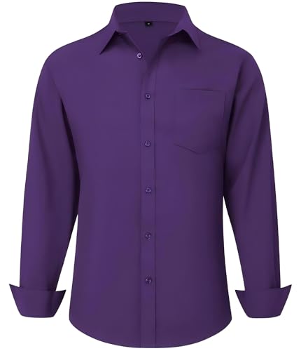 CIGENU Herren Langarm Kleid Hemden Regular Fit Stretch Knitterfrei Business Casual Button-Down Hemden mit Fronttasche, Violett, L von CIGENU
