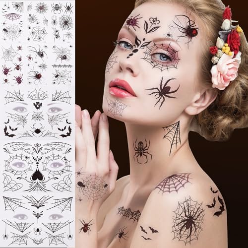Halloween Tattoo Gesicht Schminke Spinne Aufkleber Vampir KostüM Damen Zubehör Tattoo Halloween Gesichtstattoo Gruselig Deko Cosplay Zombie Horror Temporäre Tattoos Make Up Sticker Party Geschenke von CIKICY