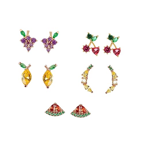 CIMAXIC 5 Paare Fruchtige Ohrringe Silber mit Rhinestone Kreative Tropische Frucht Ohrstecker Traube Wassermelone und Herz Kirsche Accessoires für Frauen von CIMAXIC