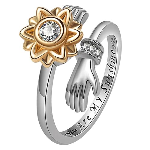 CIMAXIC Verstellbarer Silberner Damenring mit Drehbarer Sonnenblume Hautfreundlich Struktur Offener Schmuckring für Mädchen Modisches Accessoire für Alltag und Party von CIMAXIC
