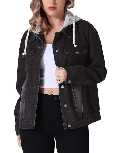 CIMUK Damen Jeansjacke mit Kapuze Lange Ärmel Knopfleiste Abnehmbarer Kapuzenpullover Schwarz XL von CIMUK