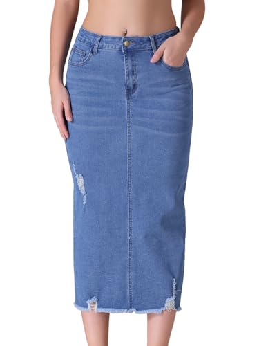 CIMUK Damen Jeansrock Zerrissenem Saum Hoher Taille, Stretch-Midi-Jeansröcke Hellblau M von CIMUK