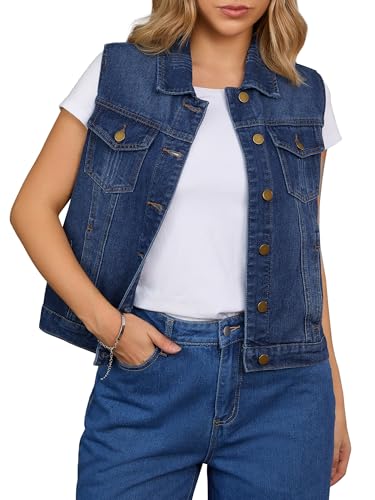 CIMUK Damen Jeansweste Knopfleiste Brustklappentaschen Verwaschen Abgenutzt Ärmellos Jeansjacke Dunkelblau M von CIMUK