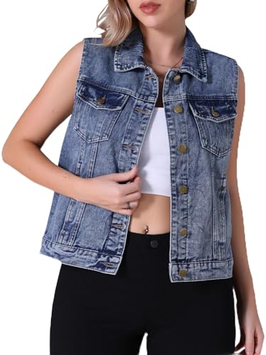CIMUK Damen Jeansweste Knopfleiste Brustklappentaschen Verwaschen Abgenutzt Ärmellos Jeansjacke Grau Blau XL von CIMUK