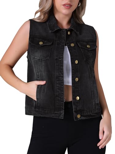 CIMUK Damen Jeansweste Knopfleiste Brustklappentaschen Verwaschen Abgenutzt Ärmellos Jeansjacke Schwarz L von CIMUK