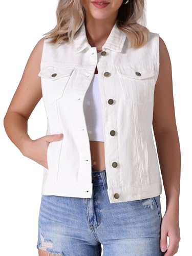 CIMUK Damen Jeansweste Knopfleiste Brustklappentaschen Verwaschen Abgenutzt Ärmellos Jeansjacke Weiß XL von CIMUK