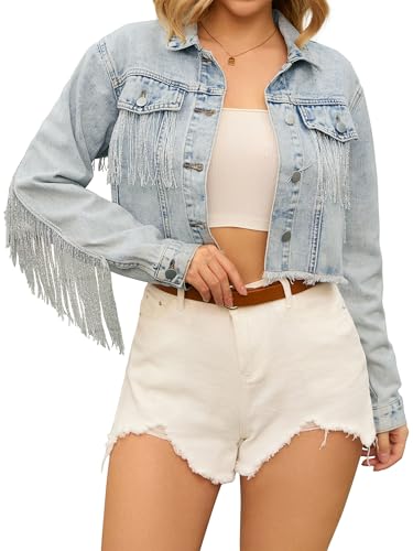 CIMUK Damen Kurz Jeansjacke Fransen Langen Ärmeln Ausgefranstem Saum Jeans Jacke Hellblau XL CIMUK Damen Kurz Jeansjacke Fransen Langen Ärmeln Ausgefranstem Saum Jeans Jacke Hellblau XL von CIMUK