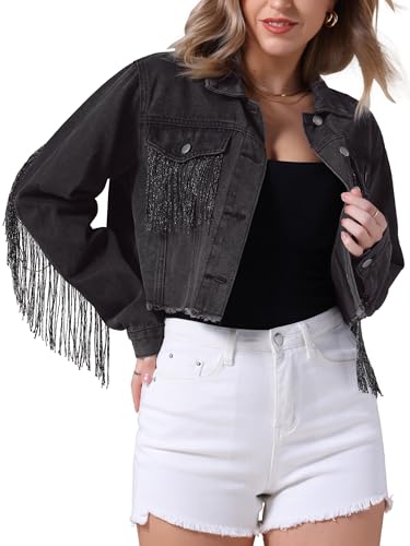 CIMUK Damen Kurz Jeansjacke Fransen Langen Ärmeln Ausgefranstem Saum Jeans Jacke Schwarz M von CIMUK