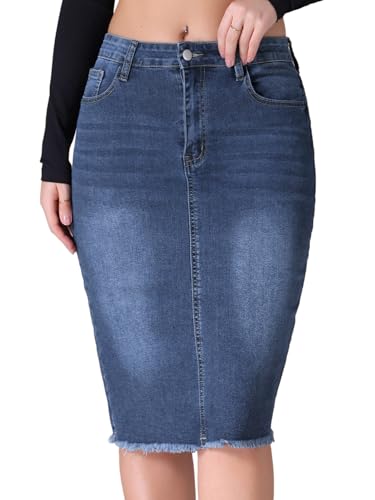 CIMUK Jeansrock Saum Hoher Taille Taschen Stretch Knielang Jeansröcke Dunkelblau XXL von CIMUK