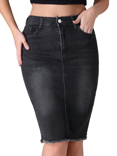 CIMUK Jeansrock Saum Hoher Taille Taschen Stretch Knielang Jeansröcke Schwarz L von CIMUK