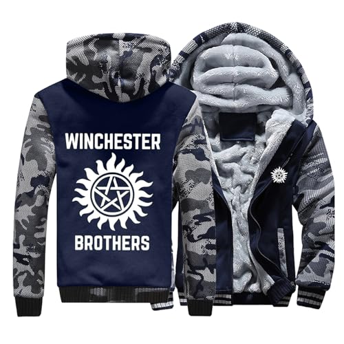 CINASA Herren-Kapuzenpullover Kapuzenjacke Für Supernatural Winter Dicke Jacken Fleece-Mantel Mit Reißverschluss Farbblock-Sweatshirt-Oberteil-Camouflage Blue B||XL von CINASA