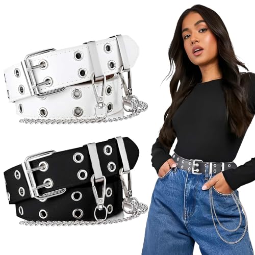 CINGHIA Doppelloch Nietengürtel,Y2K Gürtel,2 Stück Studded Belt,Punkrock-Gürtel Unisex mit Abnehmbarer Kette,105 x 3,3 cm Einstellbar Ledergürtel für Jeans,Lederhosen,Schwarz Weiß von CINGHIA