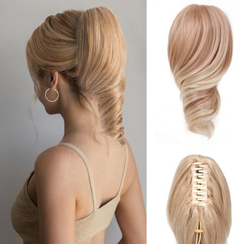 CINHOO Haarverlängerungen mit Haarklammer für Damen, Kunsthaar, weich, natürlich, gewellt, Kunsthaarteile für Damen, goldblond mit Strähnchen, kurze Verlängerung, 30,5 cm von CINHOO
