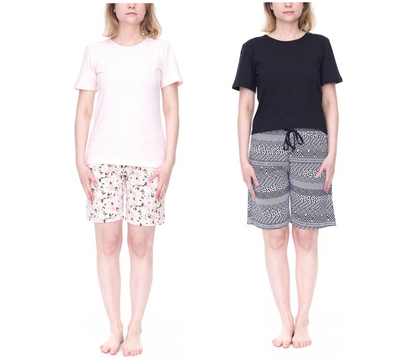 CINQUE Shorty Damen Baumwoll-Pyjama kurze Hose mit Blumen-Print Rundhals-Shirt Rosa/Weiß oder Schwarz/Weiß von CINQUE