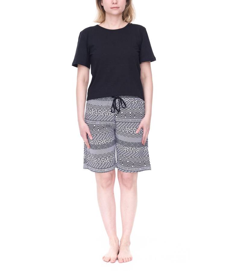 CINQUE Shorty Damen Baumwoll-Pyjama kurze Hose mit geometrischen Allover-Print Rundhals-Shirt Schwarz/Weiß von CINQUE