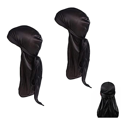 CINY Silky Satin Durag, Atmungsaktive Soft Durag mit Langem Schwanz Beanies Mütze Unisex Für Männer Und Frauen Bandana Seide Schlafmütze Piratenhut Motorhaube Träger Kopfwickel (2 schwarz) von CINY