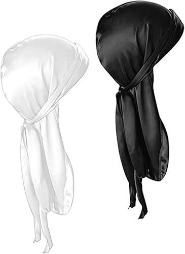 CINY Silky Satin Durag, Atmungsaktive Soft Durag mit Langem Schwanz Beanies Mütze Unisex Für Männer Und Frauen Bandana Seide Schlafmütze Piratenhut Motorhaube Träger Kopfwickel (1 schwarz 1 weiß) von CINY