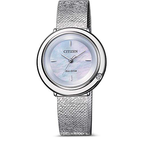 CITIZEN Damen Analog Eco-Drive Uhr mit Edelstahl Armband Silber Perlmuttzifferblatt Mother of Pearl EM0640-82D von CITIZEN