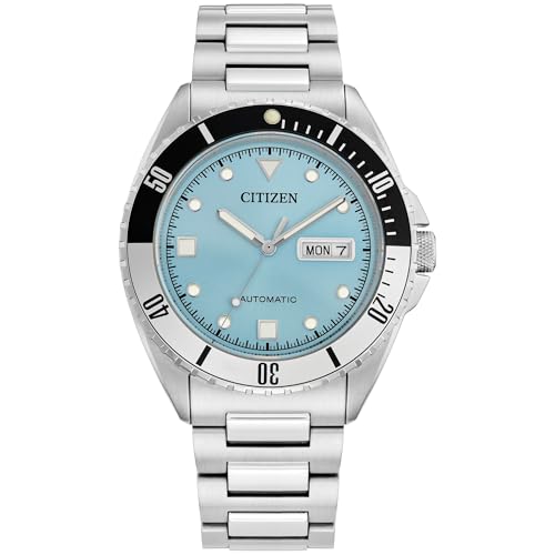 Citizen Herren Automatikuhr Edelstahl Hellblau Zifferblatt Schwarz Silber Lünette 3 Zeiger Tag/Datum (Modell:NH7530-52L), Silber, Classic von Citizen