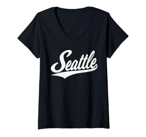 Damen SEATTLE WASHINGTON VARSITY SCRIPT VINTAGE RETRO SPORTSTIL T-Shirt mit V-Ausschnitt Damen SEATTLE WASHINGTON VARSITY SCRIPT VINTAGE RETRO SPORTSTIL T-Shirt mit V-Ausschnitt von CITY OF SEATTLE CLASSIC RETRO VARSITY SCRIPT TEE
