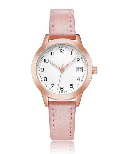 CIVO Damen-Uhr Rosa-Leder Damenuhr-Analog Wasserdicht-Klein - Ziffernblatt Design Armbanduhr Frauen Quarz Datum Elegant Damenuhren von CIVO