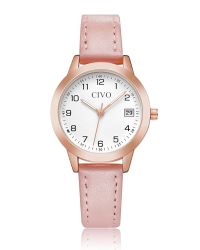 CIVO Damen-Uhr Rosa-Leder Damenuhr-Analog Wasserdicht-Klein - Ziffernblatt Design Armbanduhr Frauen Quarz Datum Elegant Damenuhren von CIVO