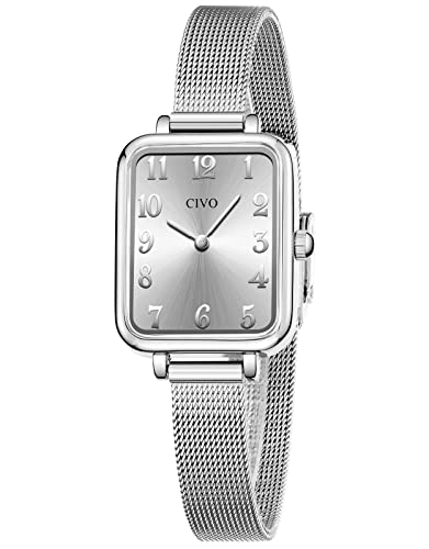 CIVO Damen Uhr Silber Wasserdicht Minimalistisch Rechteck mit Edelstahl Mesh Armband Mode Kleid Elegant Beiläufig Quarzuhr für Damen von CIVO