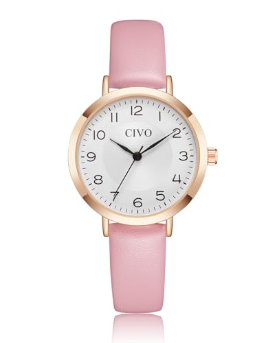 CIVO Damen Uhr Wasserdicht Analog Quarz Armbanduhr Damen Lederarmband Damen Uhren Minimalistisch Kreative Damenuhr Uhr für Frauen Rosa von CIVO