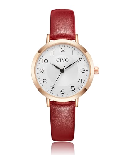 CIVO Damen Uhr Wasserdicht Analog Quarz Armbanduhr Damen Lederarmband Damen Uhren Minimalistisch Kreative Damenuhr Uhr für Frauen Rot von CIVO