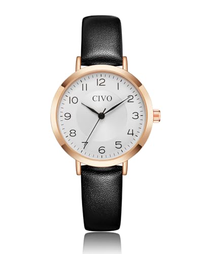 CIVO Damen Uhr Wasserdicht Analog Quarz Armbanduhr Damen Lederarmband Damen Uhren Minimalistisch Kreative Damenuhr Uhr für Frauen Schwarz von CIVO