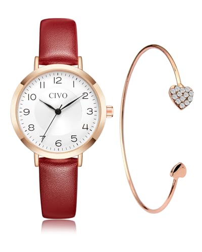 CIVO Damen Uhr Wasserdicht Klein Analog Quarz Lederarmband Armbanduhr Damen Set Minimalistisch Kreative Uhr für Frauen Rot von CIVO
