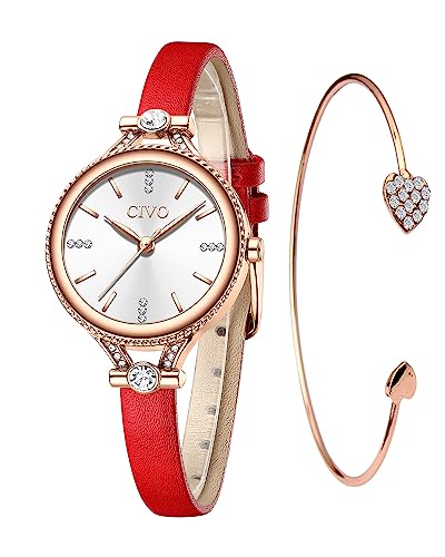CIVO Damen Uhren Leder Minimalistisch: Analog Quarz Klassische Armbanduhr Damen - Klein Mode Geschenke Uhr für Frauen Rot von CIVO
