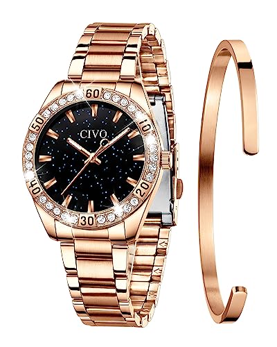 CIVO Damen Uhren Edelstahl Sternenhimmel Damenuhr Roségold Designer Analoge Quarz Uhr Damen Wasserdicht Elegant Armbanduhr für Damen Mädchen von CIVO