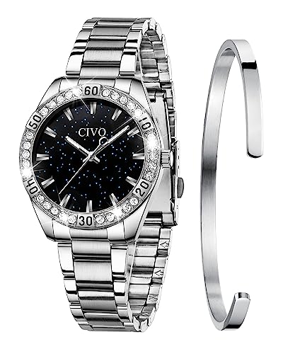 CIVO Damen Uhren Edelstahl Sternenhimmel Damenuhr Silber Designer Analoge Quarz Uhr Damen Wasserdicht Elegant Armbanduhr für Damen Mädchen von CIVO
