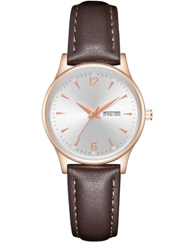 CIVO Damen Uhren Lederarmband Armbanduhr: Analog Wasserdicht Minimalistisch Datum und Tag Klein Runden Damenuhr Roségold Gehäuse Quarz Frauen Uhr Braun von CIVO