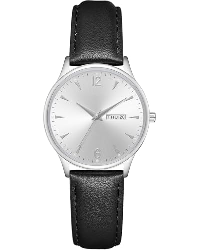 CIVO Damen Uhren Lederarmband Armbanduhr: Analog Wasserdicht Minimalistisch Datum und Tag Klein Runden Damenuhr Silber Gehäuse Quarz Frauen Uhr Schwarze von CIVO